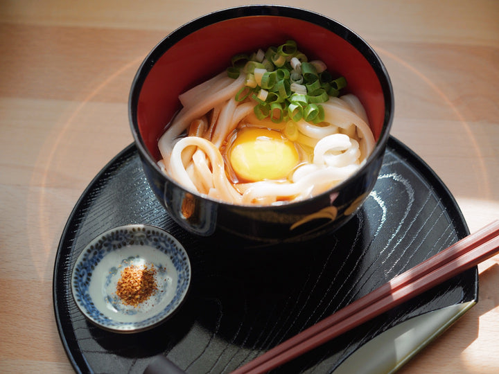 日式料理：月見烏龍麵，中間有一顆生蛋黃，盛裝在和風的碗盤中